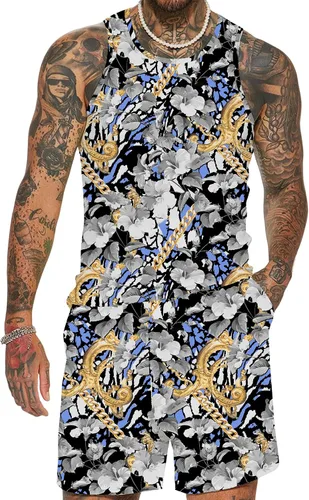 JoZorro Conjunto de camiseta sin mangas con estampado floral para hombre, camiseta deportiva casual con estampado de lujo, ropa deportiva hawaiana,