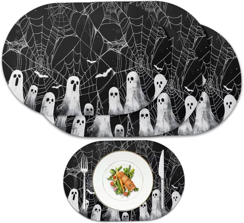 Miniatura 40 de Pumpkin Placemats Set of 4 Ghost Non Slip Washable Heat Resistant Place Mats 12x18 Inch Round Tablemats for Dining Kitchen Party Daily Table Decor