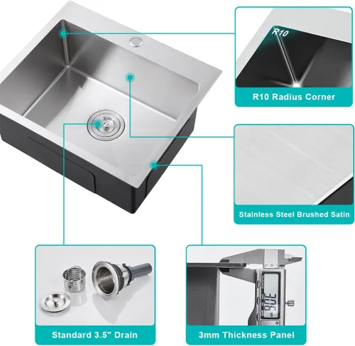 Miniatura 5 de Fregadero de cocina de 20 pulgadas cepillado de acero inoxidable 304 para fregadero de cocina con rejilla, montaje en la parte superior, 20 pulgadas
