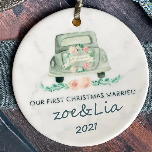 Miniatura 9 de Adorno de matrimonio de 1ª Navidad – Adorno de Navidad «Just Married» – Adorno de señor y señora – Adornos de boda – 1ª Navidad comprometida