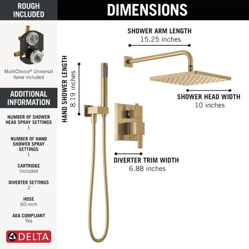 Miniatura 3 de Sistema de Ducha de Lluvia Cuadrado Delta Modern Serie 14, Conjunto de Grifo, Cabezal de Ducha de Lluvia Oro Cepillado y Conjunto de Mango, Kit
