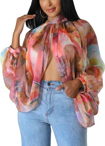 Miniatura 16 de Tops Sexys para Mujer Fiesta Club Noche con Mangas de Murciélago de Gasa Transparente con Lazo Trasero en la Parte Frontal Camisas de Mujer Casuales