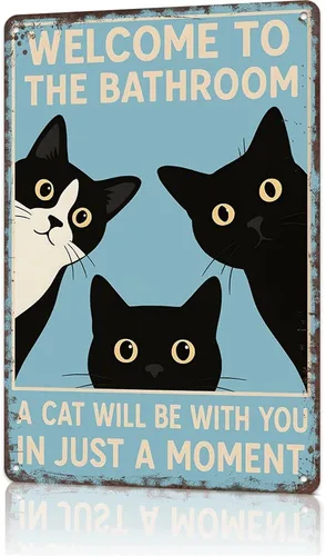 Divertida placa de decoración de gato negro vintage – Letrero de metal retro con texto en inglés «Welcome To The Bathroom Cat» – Placa de metal de