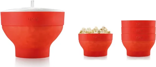 Lekue Máquina para hacer palomitas de maíz jumbo con 4 cuencos plegables, juego de cuencos de silicona platino para palomitas de maíz para