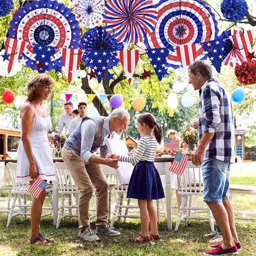 Miniatura 7 de Juego de decoraciones patrióticas del 4 de julio: suministros de fiesta con la bandera estadounidense del 4 de julio, abanicos de papel rojo, blanco