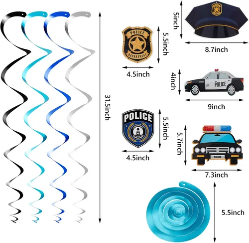 Miniatura 3 de Sumind 32 piezas de decoraciones de fiesta de cumpleaños de policía, kit de remolinos de decoración de fiesta de policía con 2 carteles de feliz