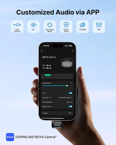 Miniatura 6 de BOYA Mini 2 Micrófono inalámbrico Lavalier para iPhone 15-17/Android, cancelación de ruido, control de aplicaciones, 48 kHz/24 bits, mini micrófono