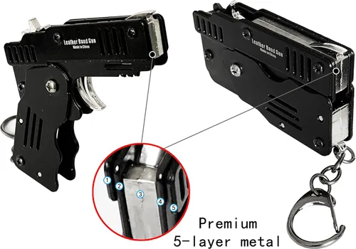 Miniatura 2 de 2 paquetes de mini pistola de goma plegable de metal con llavero y más de 100 bandas de goma.