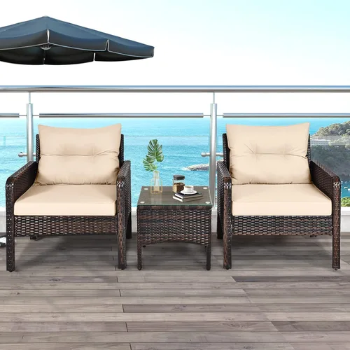 Miniatura 2 de RELAX4LIFE Juego de muebles de patio de 3 piezas, juego de conversación de mimbre de ratán PE para exteriores con mesa de centro de cristal y Beige