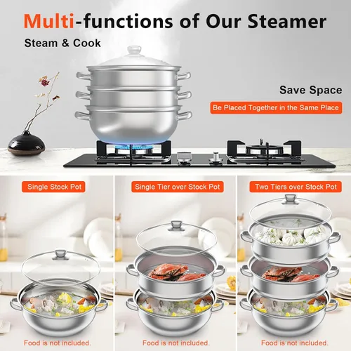 Miniatura 3 de Vaporizador de acero inoxidable de 3 niveles, olla de sopa de vapor herramienta de cocina con tapa de vidrio para uso en estufas de inducción