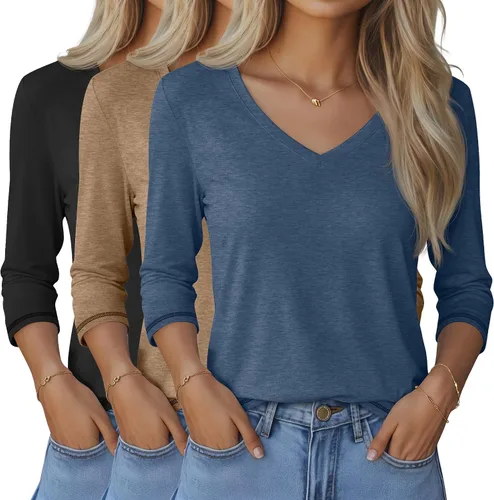 Miniatura 49 de Ficerd Paquete de 3 camisetas de manga 3/4 para mujer, cuello en V, blusas holgadas, blusas casuales, ropa de moda 2026