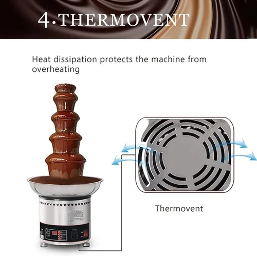 Miniatura 7 de Fuente de fondue de chocolate de acero inoxidable de 4 niveles, pantalla digital, máquina eléctrica comercial de fuente de chocolate, capacidad de 7