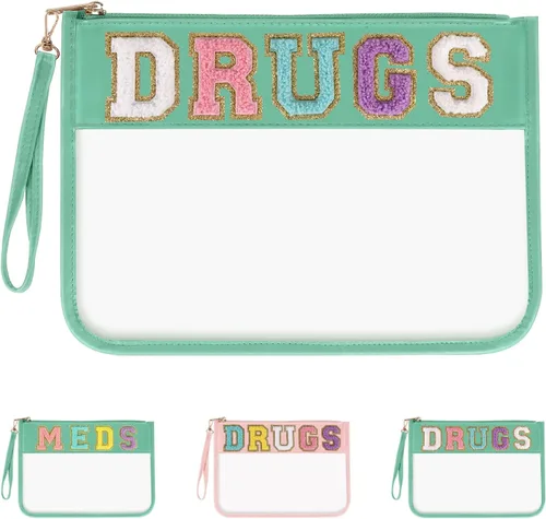 Iqimott Bolsa de parche de felpilla con letras MEDS transparente, bolsa de maquillaje portátil de preparación para mujeres y niñas, viajes, bolsa de