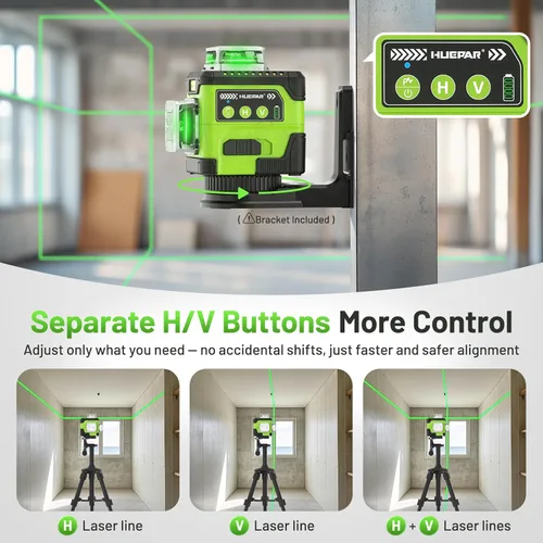 Miniatura 5 de Huepar Nivel láser con pantalla de ángulo digital, 3 x 360° autonivelante de alto brillo, 12 líneas cruzadas verdes láser para construcción y colgar