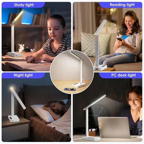 Miniatura 8 de Infiway Lámparas LED de escritorio para oficina en casa: lámpara de escritorio con puerto de carga USB - 1 USB-A, 1 puerto tipo C, 2 tomas de Blanco