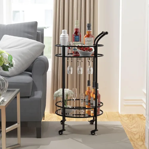 Carrito redondo negro con 2 estantes de espejo, estante para vino y ruedas con cerradura, adecuado para cocina del hogar, club, sala de estar,