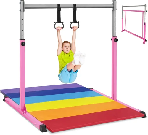 Safly Fun Gymnastics Bar for Kids Ages 3-15 | Sturdy Steel Home Gym, Adjustable Height (3 to 5 ft) with Anti-Slip Base, Easy Assembly Rosa con
