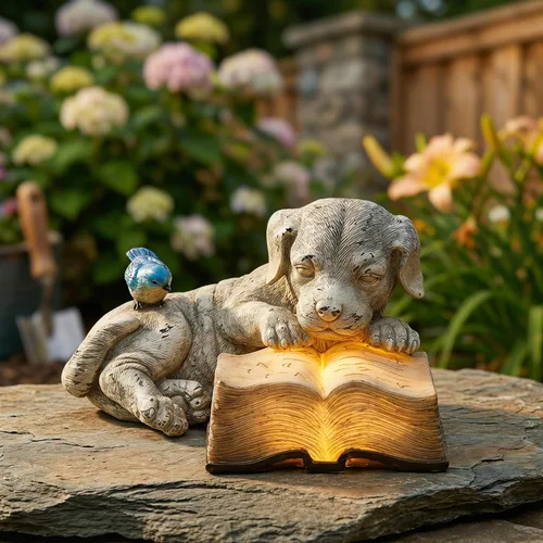 Topadorn Estatua de jardín solar para cachorros con libro LED brillante, perro de resina pintado a mano con pájaro azul, decoración de patio al aire