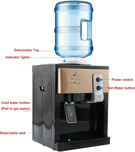 Miniatura 5 de Dispensador de enfriador de agua para encimera, 3 ajustes de temperatura, dispensador de agua caliente y fría, capacidad para botellas de 1.2 a 5