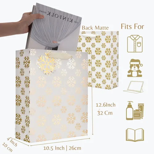 Miniatura 3 de UNIQOOO 12 bolsas de regalo de Navidad doradas metálicas a granel con etiqueta, grandes de 12.5 x 10.5 pulgadas, copos de nieve surtidos, renos