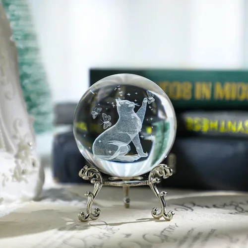 Miniatura 4 de HDCRYSTALGIFTS Bola de cristal de gato de 2.362 in con soporte 3D grabada con láser, figuras de animales, globo de vidrio, bola decorativa, esfera