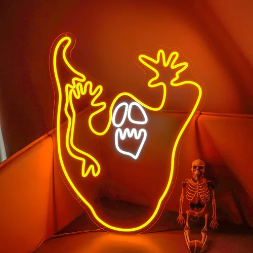 Miniatura 6 de AKOLENM Letrero LED de neón de fantasmas de Halloween, decoración de Halloween, letrero de luz de neón fantasma para fiesta de Halloween, bar, Rojo