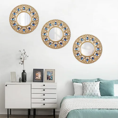 Miniatura 4 de DXYAKY Juego de 3 espejos decorativos redondos dorados para pared, espejos con marco de plástico ligero con detalles de cristal azul, decoración