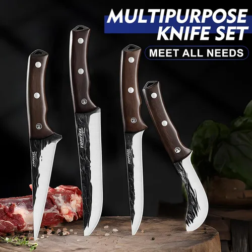 Miniatura 3 de Topfeel Juego de 4 cuchillos de carnicero forjados a mano – Cuchillo rebanador, cuchillo deshuesador, cuchillos divisores, cuchillos peladores