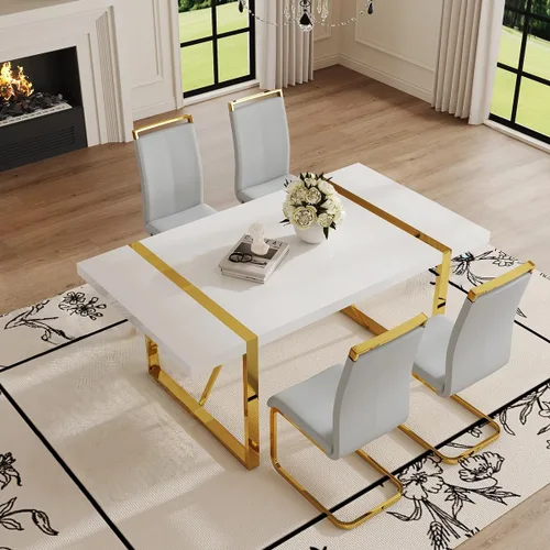 Miniatura 9 de Moderno juego de mesa de comedor para 4, juego de mesa de comedor dorado de 55 pulgadas con 4 sillas de piel sintética negra, mesa de madera negra