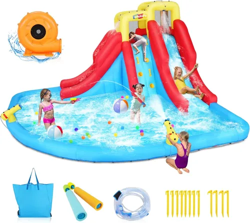 Miniatura 10 de Parque acuático inflable de la casa de la despedida - Diapositiva para niños con soplador de aire, piscina de salpicaduras y diseño de castillo