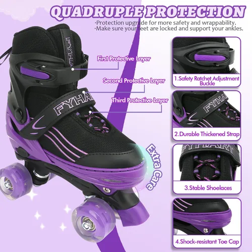 Miniatura 3 de Patines para niños y niñas, niños principiantes, 4 tamaños ajustables, patines cuádruples para niños y jóvenes, con ruedas iluminadas para deportes