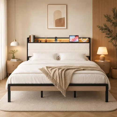Miniatura 13 de LIKIMIO Base de cama individual con cabecera de almacenamiento y luces LED, plataforma de metal con estación de carga, sin ruido, no necesita