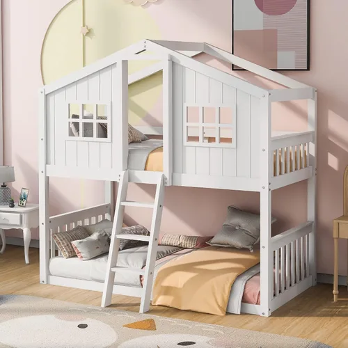 Miniatura 17 de JIVOIT Litera de madera con diseño de techo y ventanas, litera individual sobre individual con nido y escalera integrada para niños, adolescentes