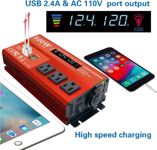 Miniatura 2 de Inversor de Potencia de 500W Pico 1000W para Vehículos, DC 12V a 110V AC, 4 x 2.4A Puertos USB Adaptador de Enchufe para Carro con Toma con 1 Puerto