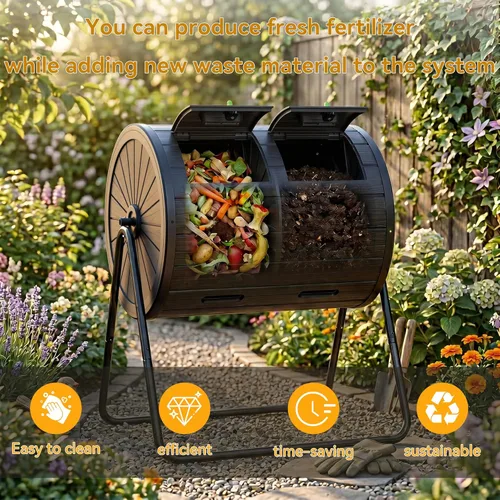 Miniatura 7 de DRATO Contenedor de compostaje para exteriores, 37.5 galones, para todas las estaciones, doble cámara para jardín, cocina, patio, exterior (negro)