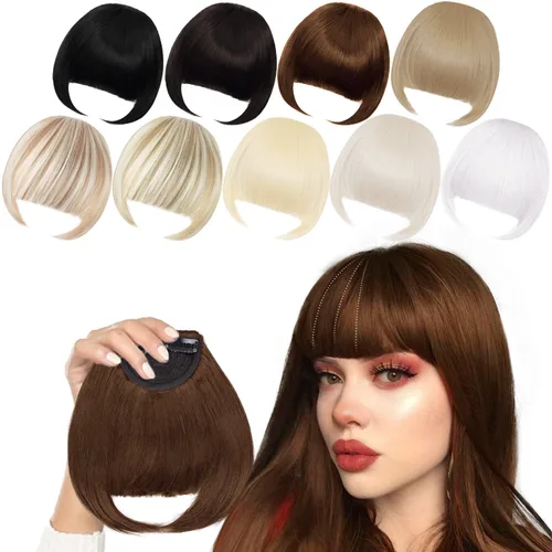 Miniatura 12 de Extensión de cabello rubio ceniza, clip de flequillo francés, grueso y natural, flequillo ordenado, flequillo recto con fleco con sienes, una pieza