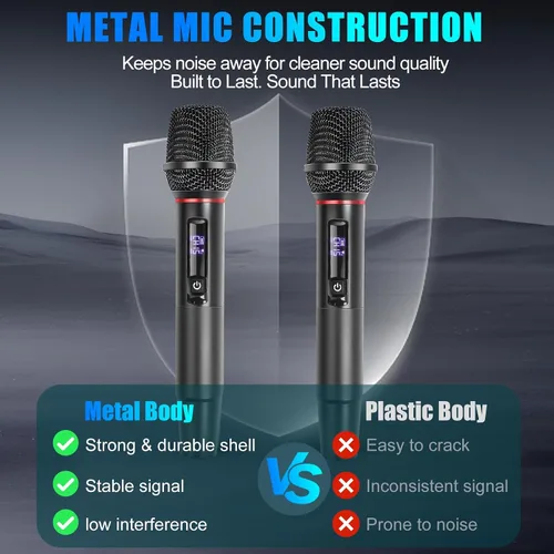 Miniatura 7 de Sistema de micrófono inalámbrico UHF dual, 2 paquetes - Micrófonos de metal con receptor recargable, audio sin interferencias de 15 canales, Plug &