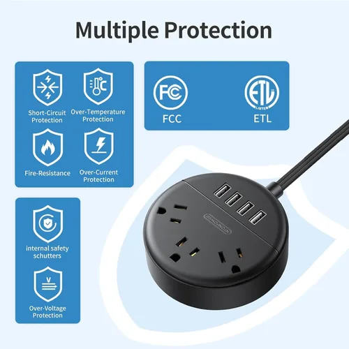 Miniatura 7 de NTONPOWER - Tira de alimentación de enchufe plano, cable de extensión plano ultrafino de 5 pies, 3 tomas de corriente y 4 puertos USB, montaje