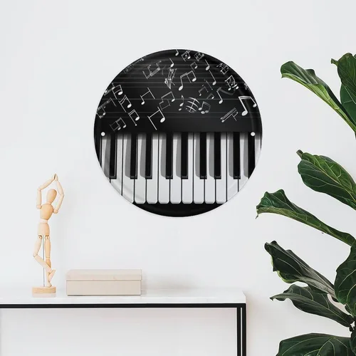 Miniatura 6 de Circular Metal Wall Art Iron Wall Hanging - Piano Keys with Musical Notes Vintage Industrial Tin Sign with Pre-Drilled Holes, Retro Round Metal Art