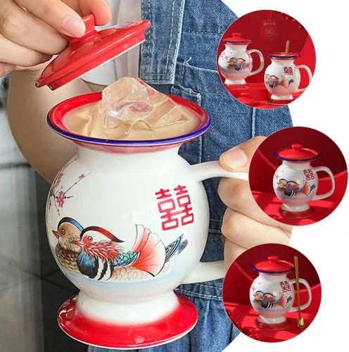 Miniatura 7 de SHERCHPRY Tazas de leche de cerámica, Taza en forma de escupitón con tapa, Tazas de broma, Tazas chinas retro de porcelana, Tazas de agua