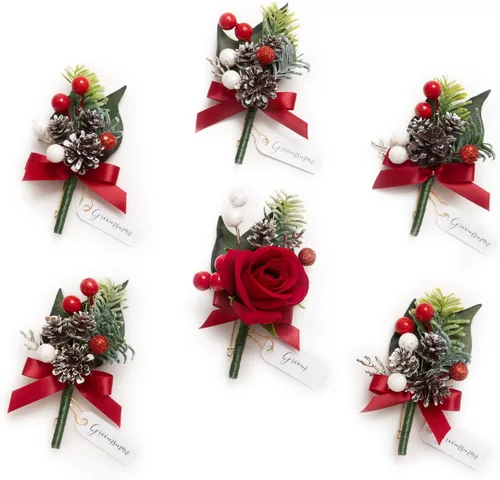 Miniatura 34 de Ling's Moment Boutonniere para Hombres Boda, Juego de 6, Novio y Padrinos Boutonniere para Boda Regreso a Casa Halloween Ceremonia Aniversario, Cena