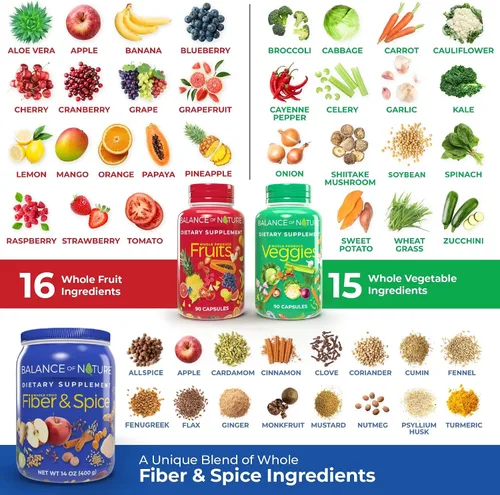 Miniatura 4 de Balance of Nature Whole Health System - Frutas y verduras integrales y suplementos de fibra y especias - 30 porciones cada una