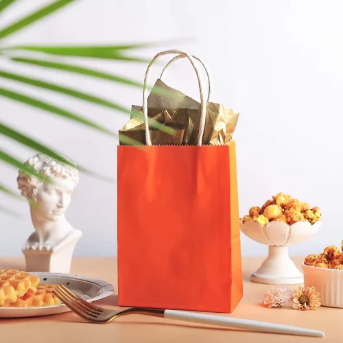 Miniatura 3 de AWELL pequeña bolsa de papel naranja con asa para recuerdos de fiesta, 6 x 4.5 x 2.5 pulgadas, para boda, cumpleaños, bolsa de regalos reciclada