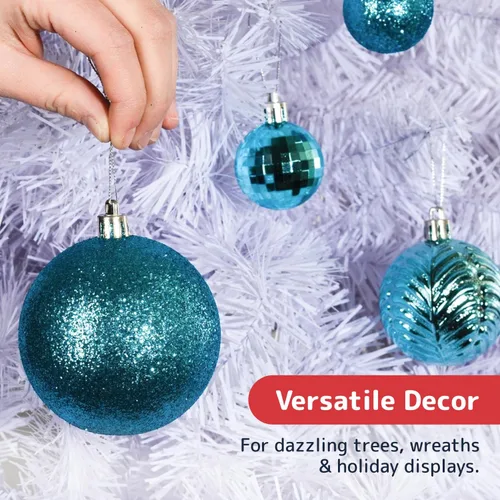 Miniatura 4 de PREXTEX - Juego de 36 adornos navideños azules para árbol de Navidad: bolas navideñas inastillables en color aguamarina y azul verdoso en tamaños