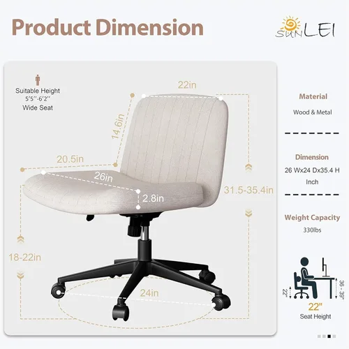 Miniatura 4 de SUNLEI Silla de oficina con patas cruzadas con ruedas, silla ancha sin brazos para escritorio de tocador, sillas cómodas cruzadas con respaldo