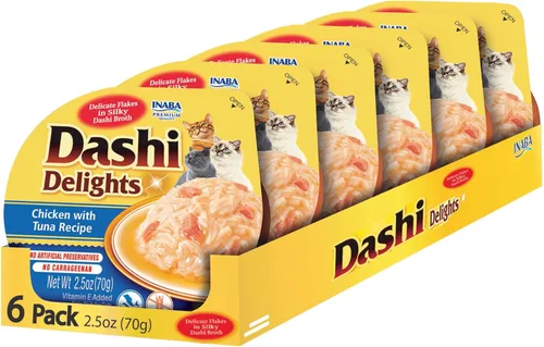 INABA Dashi Delights para gatos, guarnición de pollo rallado con caldo de hojuelas de Bonito, complemento alimenticio para gatos con taurina y