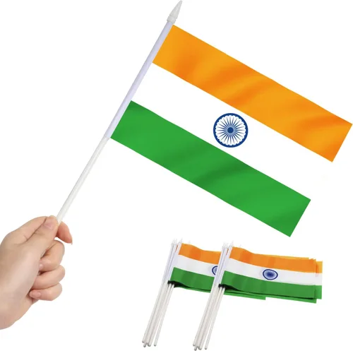 Anley Paquete de 12 mini banderas indias de la India, de mano, pequeñas banderas indias en miniatura, resistentes a la decoloración y colores vivos,
