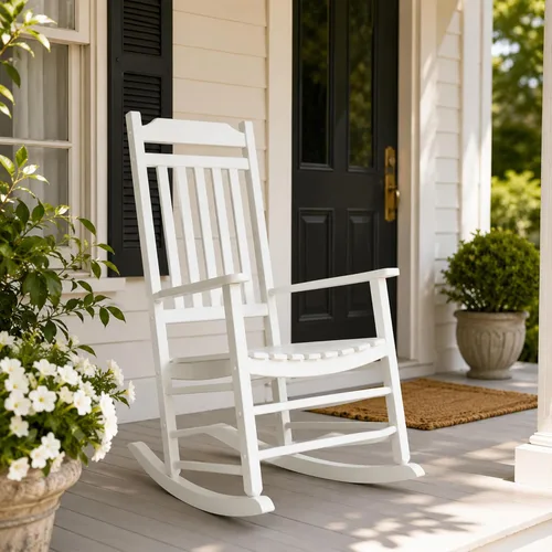 Miniatura 15 de Kozyard Mecedora de madera, silla mecedora de madera maciza para exteriores con respaldo alto y asiento de listones, mecedora ergonómica