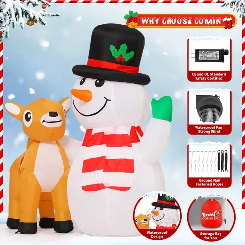 Miniatura 6 de COMIN Muñeco de nieve navideño inflable de 5.2 pies para decoraciones al aire libre, muñeco de nieve reno inflable con LEDs integradas