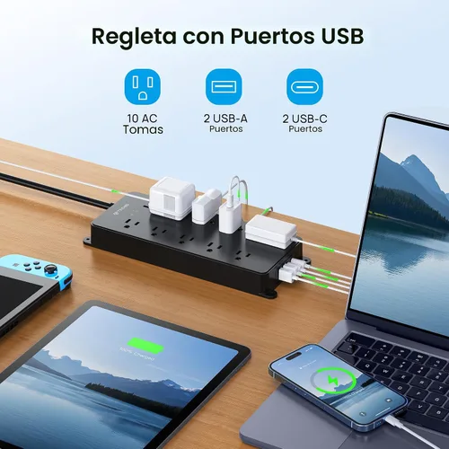 Miniatura 7 de TROND - Alargador de corriente con protector contra sobretensiones, 4000 J, certificado ETL, 10 salidas ampliamente espaciadas con 2 USB A y 2 USB